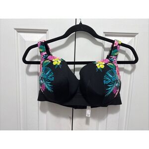Cacique Sz 36DD Lightly Lined Balconette Bra Tropical Floral Black EUC